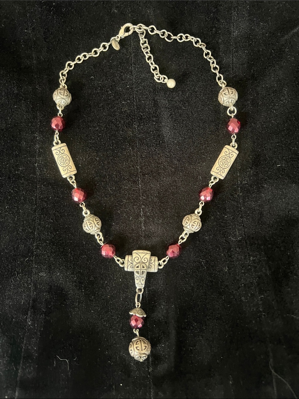 Vintage Chico's Silver-Tone Necklace with Deep Red Faceted Beads
